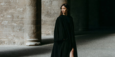 A woman in a dark dress walks along a stone path in an urban area. Sunlight filters through nearby structures, creating contrast between light and shadow.の素材