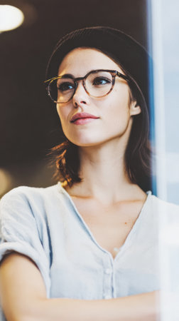 A young woman stands by a window in a cafe. She wears glasses and a beanie. She looks thoughtful while observing the surroundings during the day.の素材