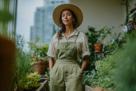 A woman wearing green overalls and a wide-brimmed hat is standing confidently in an indoor garden. Plants are placed around her on shelves and boxes.の素材