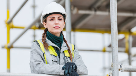 A worker in a safety helmet and gear stands on scaffolding. She looks straight ahead while holding onto the railing. The work site is active with equipment and structures.の素材