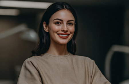 A woman stands confidently in a modern indoor space. She smiles and shows her teeth. The setting has soft light and clean lines, creating a welcoming atmosphere.の素材