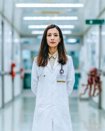 A medical professional stands in a hospital hallway. She wears a white coat and has a stethoscope around her neck. The background shows a well-lit corridor with medical equipment.の素材