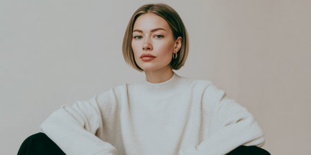 A woman is posing in a minimalist room. She is sitting on the floor. She has short hair and wears a white sweater. Natural light fills the space, highlighting her look.の素材