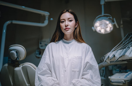 A woman wearing a white coat stands in a dental office. Bright lights illuminate the room filled with dental tools and equipment. She looks ready to assist a patient.の素材