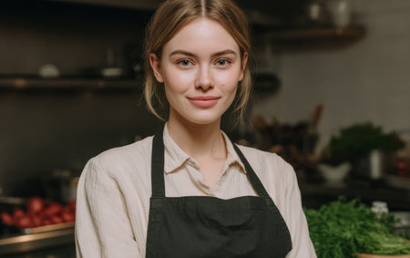 A young woman stands in a kitchen wearing an apron. She smiles while surrounded by fresh tomatoes and green herbs. The scene shows cooking preparations in progress.の素材
