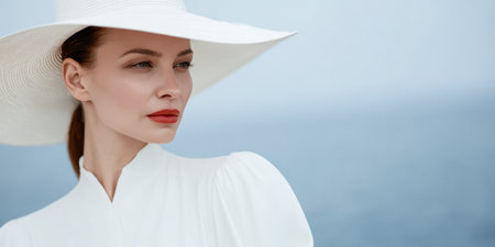 A woman looks towards the sea while wearing a white dress and a wide-brimmed hat. The backdrop shows calm water and a clear sky. Sunlight highlights her features.の素材