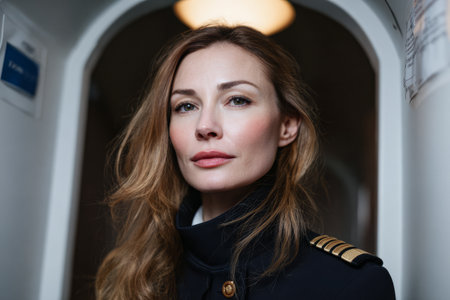 A woman in a pilot uniform poses inside an airplane cabin. Her long hair frames her face, and she looks directly at the camera with a serious expression.の素材