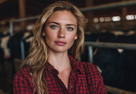 A woman wears a red and black checked shirt and stands inside a barn. Cows are visible in the background. Natural light comes in through the large barn openings.の素材