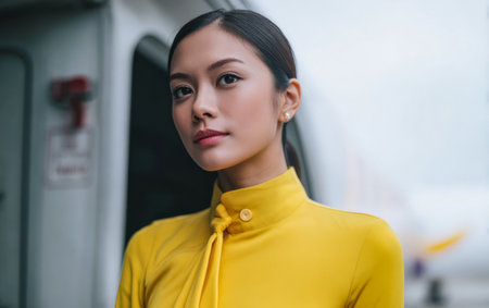 A woman stands outside at the airport in a yellow outfit while looking towards the camera. She appears confident and ready for her journey. The airplane is visible in the background.の素材