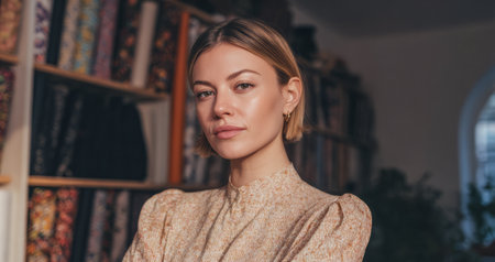 A woman stands with arms crossed in a room where shelves hold many rolls of fabric. Soft light enters through a window, creating a bright atmosphere for crafting.の素材