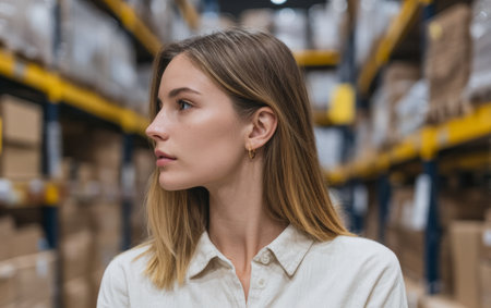 A woman is in a warehouse with rows of boxes around her. She looks to the side, appearing thoughtful. The space is organized with shelves filled with items.の素材