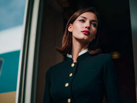 A woman stands at the door of a train station. She wears a black uniform with buttons. The setting is busy with train passengers. It is late afternoon and the sky is clear.の素材