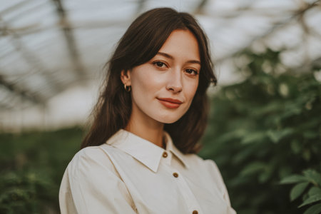 A young woman poses in a greenhouse filled with various types of plants. She looks directly at the camera with a relaxed expression. The setting has natural light coming through the glass structure.の素材