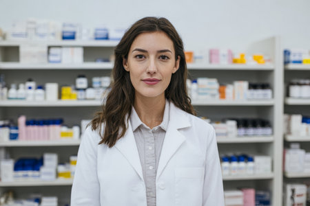 A pharmacist is standing in a pharmacy. She is wearing a white coat and looking directly at the camera. The shelves behind her are filled with various bottles and packages of medicine.の素材