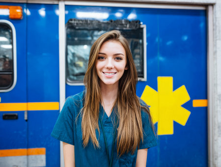 A young woman in scrubs stands in front of an ambulance. She has long hair and smiles. The scene shows a busy emergency service area during the daytime.の素材