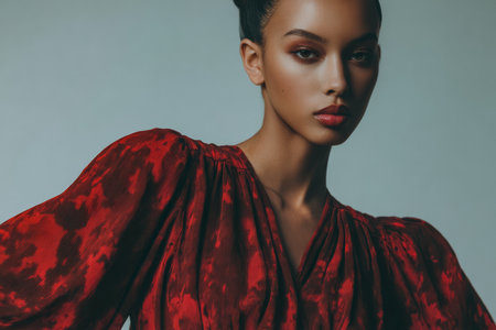A model stands in front of a plain background wearing a red dress. She has her hair styled up and looks directly at the camera. The scene is set in a studio during a fashion shoot.の素材