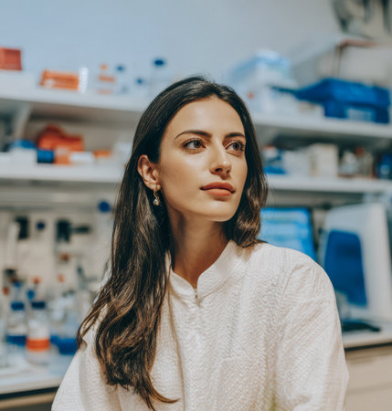 A young woman sits in a laboratory, looking thoughtful. She is surrounded by various scientific tools and equipment commonly used for research and experiments.の素材