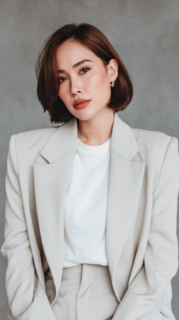 A woman stands in a gray suit with a white shirt in a studio. She looks directly at the camera with a neutral expression. The background is simple and light.の素材