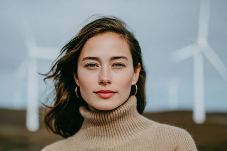 A woman poses in front of spinning wind turbines under a clear blue sky. Her hair moves slightly in the wind as she stands with a confident expression.の素材