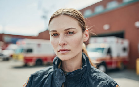 A woman in a uniform stands at an ambulance station. She looks directly at the camera while prepared for her duties. Emergency vehicles are visible in the background.の素材