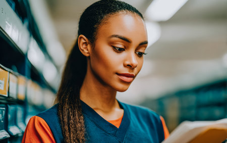 A woman stands in a library, focused on reading a book. She is surrounded by shelves filled with various books. The atmosphere is bright and she appears engaged in her reading.の素材