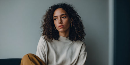 A woman with curly hair sits comfortably on a couch indoors. She appears to be lost in thought as she gazes away. The room has a simple and soft lighting that surrounds her.の素材