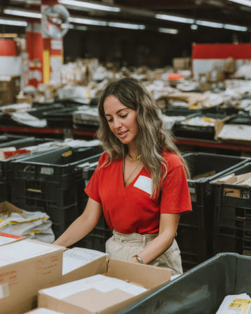 A woman stands in a warehouse filled with boxes and packages. She reads a label while organizing items on carts. The space is busy and well-lit, with many packages around her.の素材