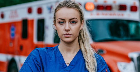 A medical worker is posing outside an emergency response vehicle in a city. The person appears focused and is dressed in scrubs. The vehicle is parked nearby.の素材