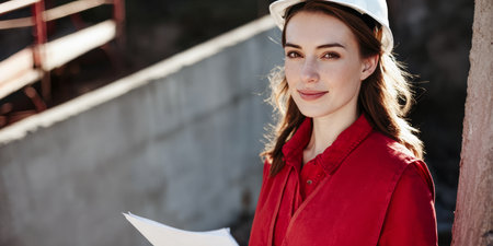 A construction worker stands at a building site holding documents. The person wears a safety hat and has a focused expression. The area shows concrete structures and equipment.の素材