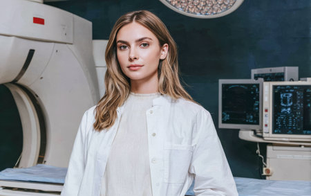 A medical professional is in a hospital imaging room wearing a white coat. The person stands near advanced imaging machines, looking ready for a work shift.の素材