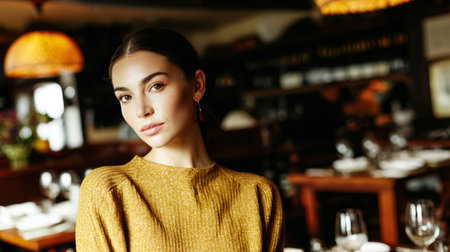 A young woman stands in a restaurant looking directly at the camera. The setting has warm lights and a cozy dining area. Tables are set for guests.の素材