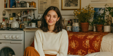 A young woman sits comfortably on a bed in a small room filled with plants and art. She smiles as sunlight fills the space. The atmosphere is lively and welcoming.の素材