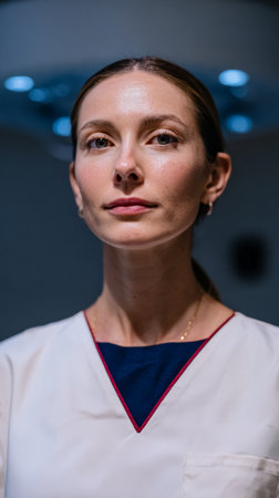 A nurse looks directly at the camera in a hospital setting. Behind her, lights are visible, indicating evening time. She seems ready to help patients in need.の素材