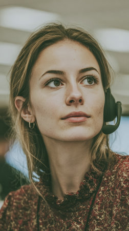 A woman with a headset looks thoughtfully as she listens to a conversation in an office. The workplace is lively with other people engaged in discussions.の素材