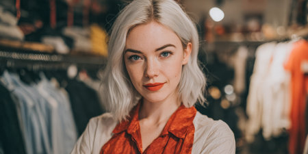 A model stands in a clothing store surrounded by various garments. She looks at the camera with a serious expression. The store is well-lit, showing clothes on racks behind her.の素材