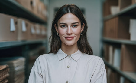 A woman stands smiling in a room lined with shelves. The shelves hold boxes and documents. The setting appears organized and quiet.の素材