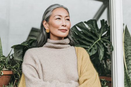 A woman stands confidently in a cozy sweater next to tall green plants. Sunlight shines through windows, casting light on her calm expression and the plants around her.の素材
