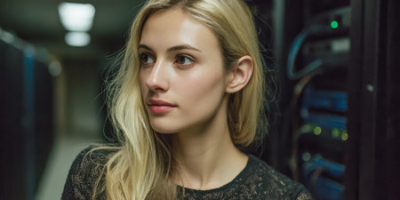 A young woman stands next to rows of computer servers in a data center. The lights are low and she looks focused. The environment is busy with technology and equipment.の素材