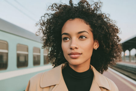 A woman with curly hair looks up while standing at a train station. She is dressed in a light coat and a dark top. The train is visible nearby as she waits.の素材