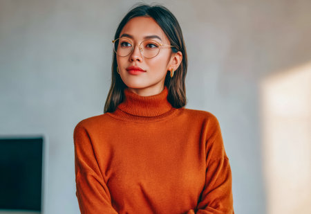 A young woman stands with a relaxed posture inside a room. She looks thoughtful, wearing glasses and an orange sweater. Soft light enters the space, creating a warm atmosphere.の素材
