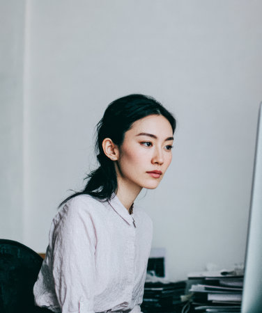 A woman works alone at her desk, focused on her computer screen. Papers are scattered around the workspace. Natural light fills the room, creating a bright atmosphere.の素材