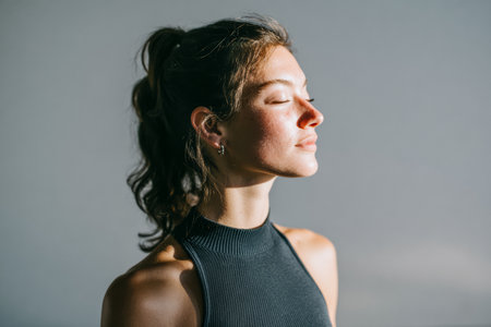 A woman stands with her eyes closed, enjoying the warm light in a simple indoor setting. She has brown hair and a calm expression on her face while standing still.の素材