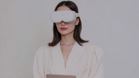 A woman wearing virtual reality goggles stands confidently in a bright indoor area. She holds a tablet in her hands and looks focused on her activity.の素材