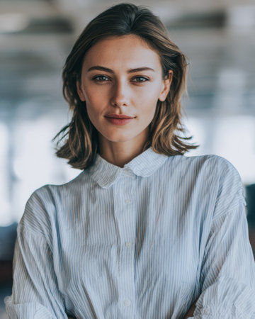 A young woman looks directly at the camera with a relaxed expression. She wears a striped button-up shirt, standing in a bright room with large windows.の素材