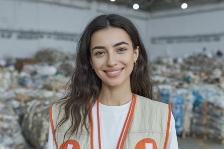 Woman stands in a recycling center surrounded by piles of sorted materials. She wears a volunteer vest and smiles at the camera during her shift.の素材