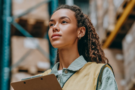 A woman stands inside a warehouse looking upward as she holds a clipboard. She is in a stockroom surrounded by boxes and shelves filled with goods.の素材