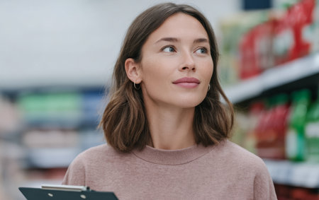 A woman stands in a grocery store holding a clipboard in one hand. She looks around the store while searching for items on her grocery list. The shelves are stocked with various products.の素材