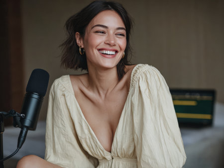 A woman with short hair is smiling while seated near a microphone. She appears relaxed in a simple room with soft lighting. A computer can be seen in the background.の素材
