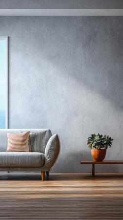 A living room shows a grey sofa with a striped cushion. There is a wooden table next to a round potted plant. A large window lets in natural light and shows a view of outdoors.の素材