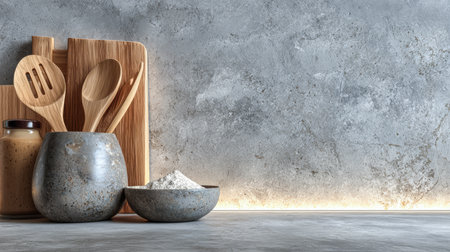 Wooden cooking utensils rest next to a jar of seasoning and a bowl of flour on a kitchen counter. The surface and background show a simple and clean design, ready for cooking.の素材